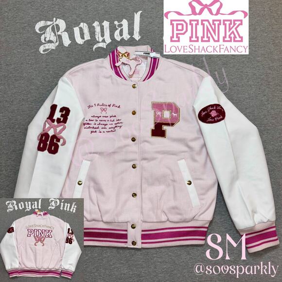 PINK x LoveShackFancy Limited Edition Reissued Boyfriend Varsity Bomber Jacket - Picture 1 of 16